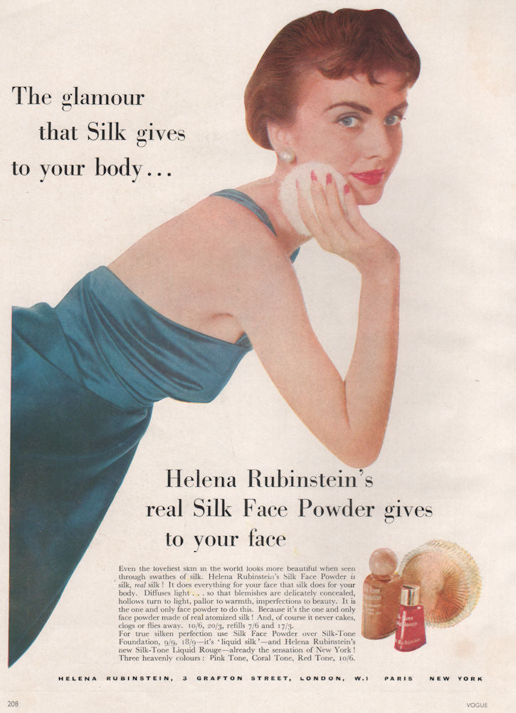 Helena Rubinstein's real Silk Face Powder. Fashion advert. BRITISH VOGUE 1955